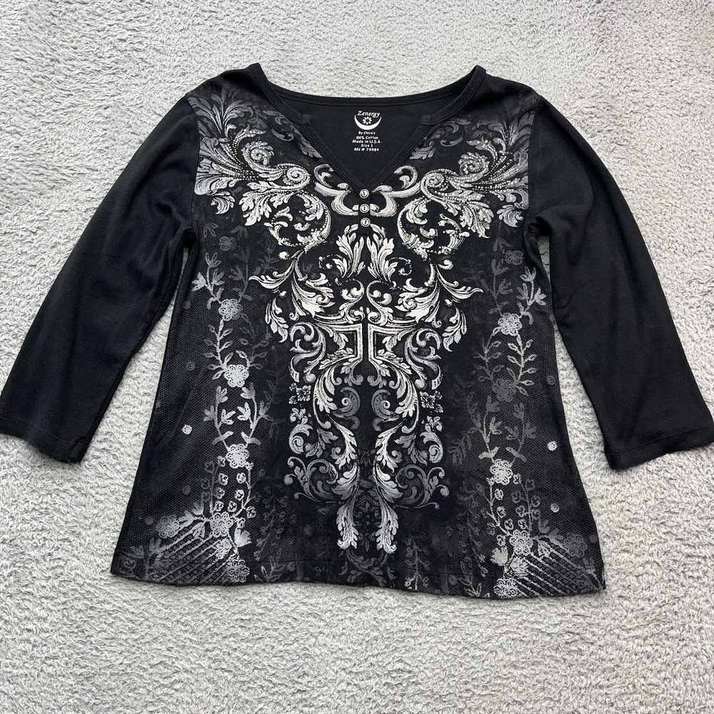 Chicos Zenergy‎ Pullover Top Womens M/8 Chicos Sz 1 Black 3 Button Goth USA